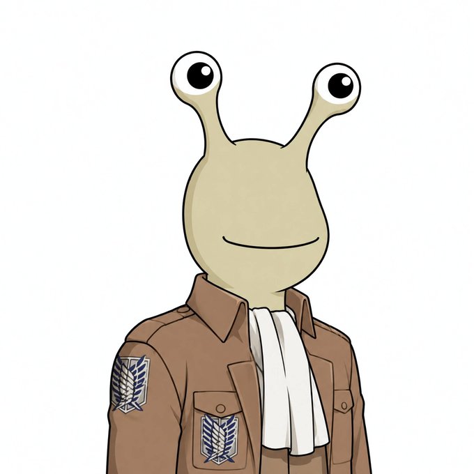 A cartoon alien character with large eyes on stalks and a simple smile, wearing a brown military-style jacket adorned with wing emblems and a white scarf. The whimsical creature fits the playful crypto/NFT community vibe of the "GM frens" post, serving as the artist's quirky profile-style avatar.