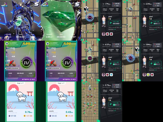 A collage of various mobile game screenshots including what appears to be a mech/diamond game, a zombeat game, and an osanpo (walk) step-tracking app showing distances of 0.76km and 0.43km.