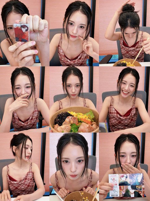 A 9-photo collage of a young woman in a red plaid top showing a photocard, eating a meal with chopsticks, and posing with various expressions.