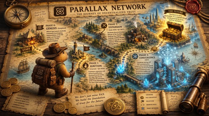 A vintage treasure-map style illustration titled "PARALLAX NETWORK: THE JOURNEY OF DECENTRALIZED TRUST," featuring a teddy bear explorer traversing numbered phases (Genesis, Ignition, Expansion, Convergence, etc.) from a "START" campsite to a glowing futuristic city, with the tagline "We don't just mine PAX. We build the foundation of trust for the future." The image visually echoes the post's narrative by depicting Parallax's evolution from humble origins to a thriving decentralized network.
