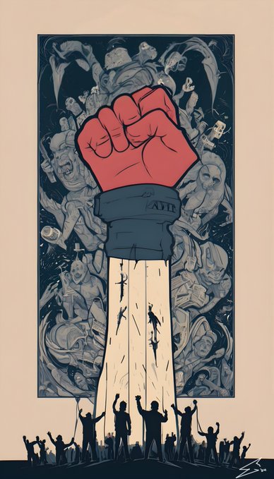A powerful political illustration featuring a large red fist breaking through a screen, wearing a wristband labeled 'ANTI', with silhouettes of protesting people below.