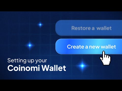 A digital interface displays "Setting up your Coinomi Wallet" with two blue button options: "Restore a wallet" and "Create a new wallet," with a cursor clicking the latter.