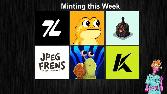 A 'Minting this Week' graphic displays six NFT project tiles including a '7L' logo, pixel-art frog, wood stove, 'JPEG FRENS' text, 3D snail, and 'K' symbol, with an illustrated avatar holding a palette on the right.