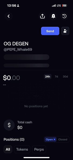 A mobile app screen showing a profile for 'OG DEGEN' (@PEPE_Whale69) with $0.00 balance and 'No positions yet'.
