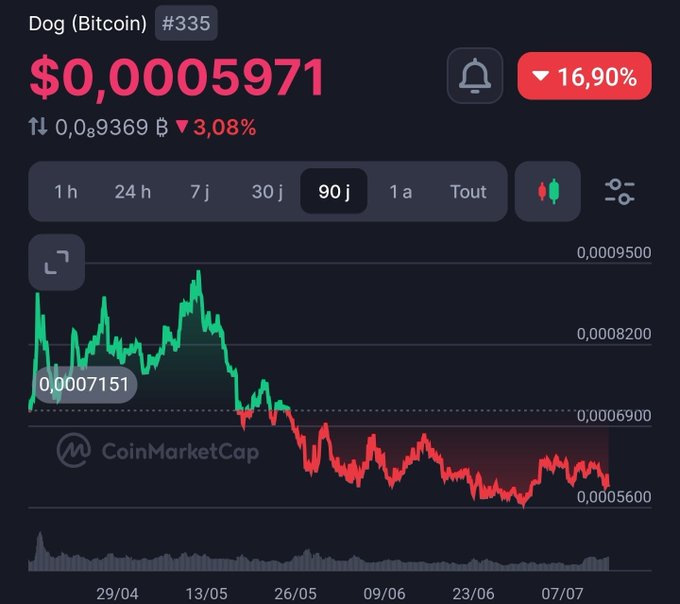 CoinMarketCap chart for Dog (Bitcoin) #335 showing price of $0.00005971 with a 16.90% drop, displaying a 90-day price graph that declined from 0.0009500 to around 0.0005600, with a current price of 0.0007151 marked.
