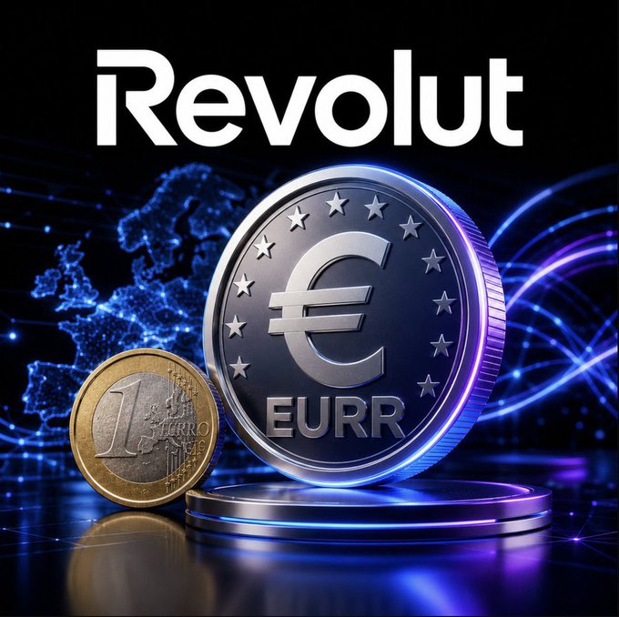 A digital graphic featuring the word 'Revolut' above a 3D rendering of a Euro coin marked 'EURR' alongside a gold coin, set against a glowing blue digital background.