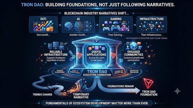 The infographic titled "TRON DAO: BUILDING FOUNDATIONS, NOT JUST FOLLOWING NARRATIVES" illustrates a temple labeled "TRON DAO ECOSYSTEM FOUNDATION" supported by four pillars—Reliable Infrastructure, Useful Applications, Engaged Communities, and Supporting Innovation—contrasted against the shifting industry narratives of DeFi, AI, Gaming, and Infrastructure, reinforcing the post's message that TRON DAO prioritizes long-term ecosystem fundamentals over chasing trends.