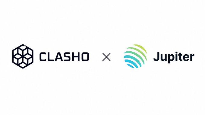 Promotional graphic showing the CLASHO logo next to the Jupiter logo, separated by a multiplication sign on a white background.