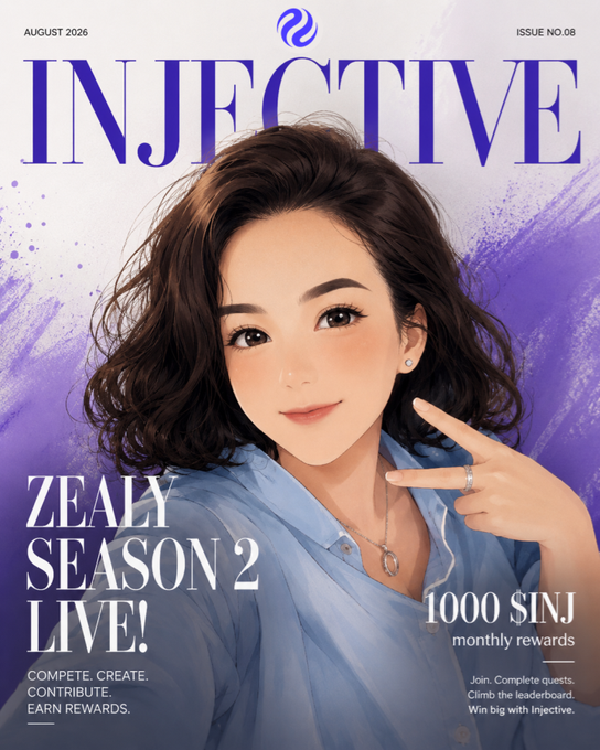 A magazine cover for 'INJECTIVE' (August 2026, Issue No. 08) featuring an illustrated woman with text 'ZEALY SEASON 2 LIVE!' and '1000 $INJ monthly rewards'.