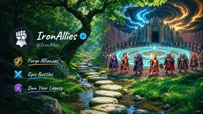 A banner for the X account "IronAllies" (@IronAllies_) featuring a fantasy scene of armored warriors gathered around a glowing portal before a dark castle, with promotional text reading "Forge Alliances," "Epic Battles," and "Own Your Legacy." The medieval battle imagery visually reinforces the post's theme of an exclusive 101-member brotherhood where $IRON tokens are earned through raids and auction-based power.