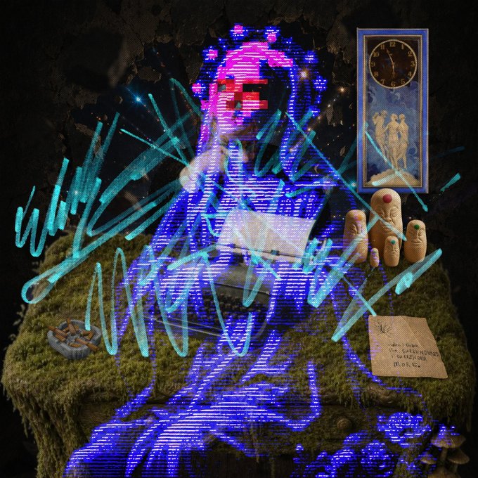 A pixelated digital artwork showing a blue figure in pink headgear surrounded by cyan energy tendrils, with matryoshka dolls, a grandfather clock, a typewriter, and a letter in a dark setting.