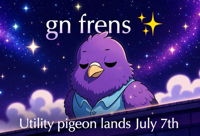 A cartoon illustration of a purple sleepy pigeon against a starry night sky, with text 'gn frens' and 'Utility pigeon lands July 7th'.