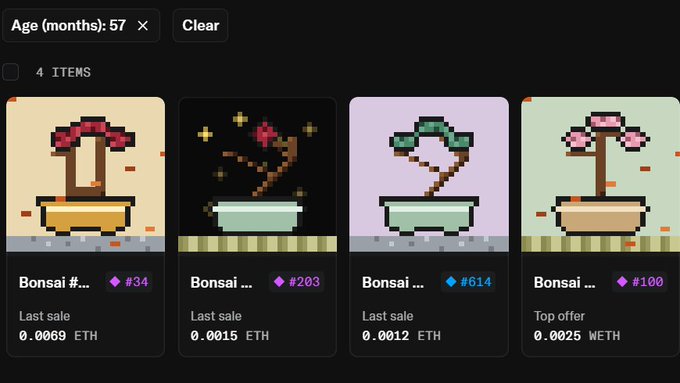 This image displays four pixelated Bonsai NFTs, with the filter "Age (months): 57" active, reflecting their on-chain journey. The NFTs, such as "Bonsai #34", show recent sale prices in ETH and WETH.