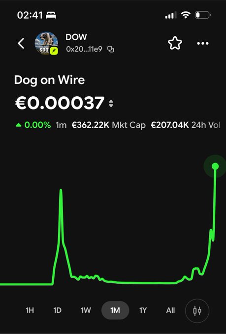 A mobile cryptocurrency chart for the token 'DOW' (Dog on Wire) showing a price of €0.00037, a market cap of €207.04K, and a dramatic 1-month price spike displayed in green.