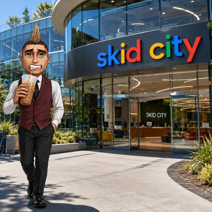 A 3D-rendered character with brown spiky hair, wearing a maroon vest and white shirt, holding an iced coffee, standing in front of a modern glass building labeled 'skid city'.