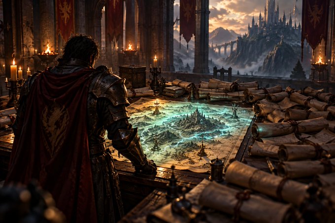 A fantasy illustration shows an armored figure in a candlelit stone chamber studying a glowing miniature battlefield map, with a distant castle and mountains visible through tall arches.