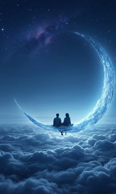 Two silhouetted figures sit together on a crescent moon made of water, floating above a sea of clouds under a starry night sky with a visible nebula. The dreamlike scene is bathed in deep blue tones, evoking a sense of cosmic romance and tranquility.