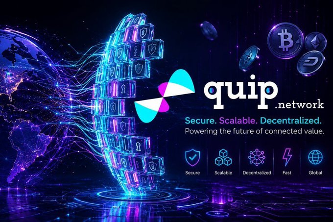 A promotional banner for "quip.network" featuring a futuristic blockchain design with the tagline "Secure. Scalable. Decentralized. Powering the future of connected value" and icons representing key features.