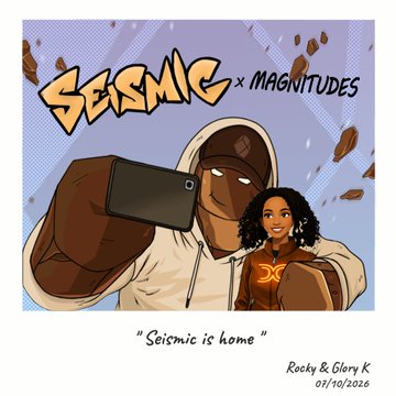 A digital artwork titled 'SEISMIC × MAGNITUDES' showing a hooded character taking a selfie with a woman, signed by Rocky & Glory K dated 01/10/2026.