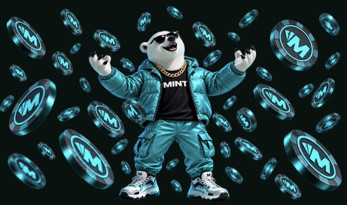 A 3D-rendered polar bear character wearing sunglasses, a teal puffer jacket, a 'MINT' t-shirt, gold chain, and teal pants, surrounded by floating coins marked with a 'VM' logo.