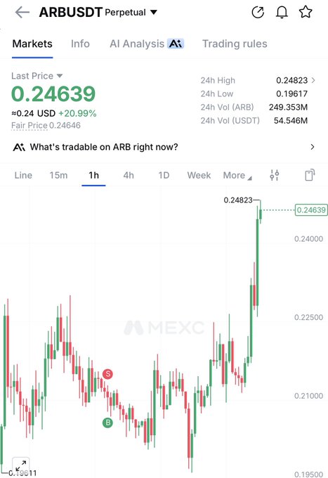 A mobile trading app screenshot showing the ARB/USDT perpetual market on MEXC, with a last price of 0.24639 USD (+20.99%), a 24h high of 0.24823, and a candlestick chart with green and red bars.