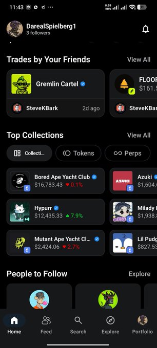 A mobile app screen for user 'DarealSpielberg1' showing 'Trades by Your Friends' featuring Gremlin Cartel and FLOOR, along with 'Top Collections' including Bored Ape Yacht Club ($16,783.43) and Milady.