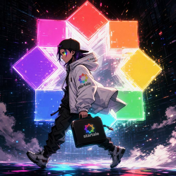An anime-style illustration of a figure in a white jacket and cap carrying a briefcase, both branded with the 'startale' logo, walking against a vibrant background of colorful glowing cubes.