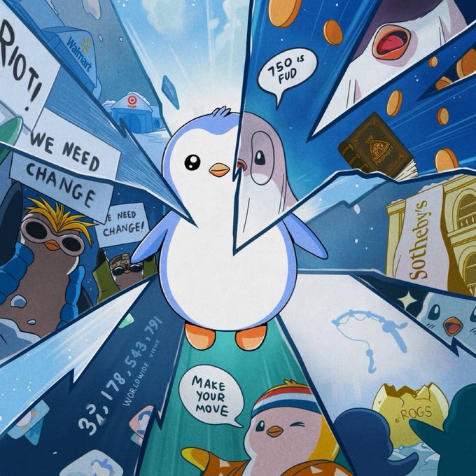An illustration features a central penguin surrounded by shattered glass shards containing memes like 'RIOT! WE NEED CHANGE', '750 is FUD', a Sotheby's building, a '32,178,543.791 WORLDWIDE VIEWS' counter, 'MAKE YOUR MOVE', and 'TO THE MOON', referencing the Pi cryptocurrency.