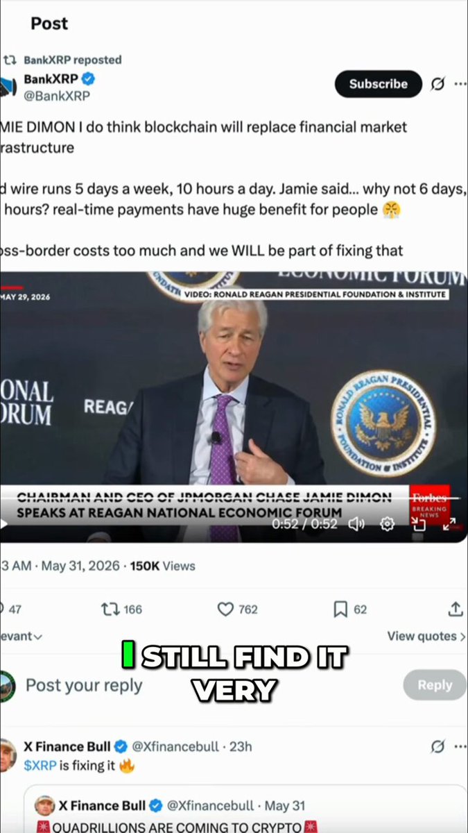 The image shows a social media post with two different posts displayed side by side, one of which is about JPMorgan using JPM Coin for settlements instead of stablecoins. The other post is about Fedwire expanding its hours but relying on Volante Technologies for their ISO 20022 compliant network. Both posts are related to the topic of fintech and digital assets.