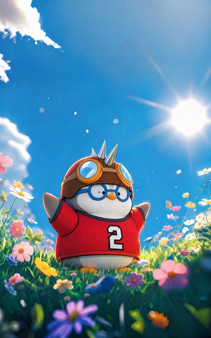 A 3D-rendered cartoon penguin wearing aviator goggles and a red sports jersey with the number '2', standing in a colorful flower field under a bright sun.