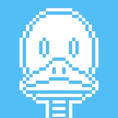 Pixel art illustration of a white helmet/head on a blue background