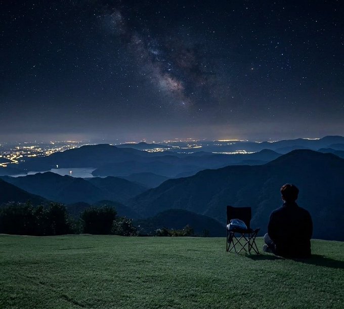 The image features a man sitting alone on a grassy hill, looking out at the stars above him. The scene takes place under a dark sky with numerous stars scattered throughout. In the background, there are mountains visible, adding depth to the landscape. The caption of the image reads "good night frens didn't show up much today because of some irl stuff we go harder tomorrow for $RIVER". This phrase suggests that the man is enjoying his time alone in nature and appreciates the beauty of the stars above him.