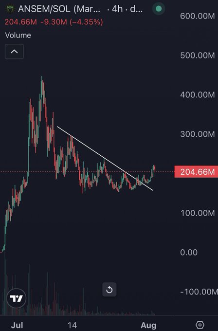 A TradingView 4-hour chart for the ANSEM/SOL pair shows the price at $204.66M, down 4.35% ($-9.30M), with the price action breaking out of a descending trendline—supporting the post's claim that the token has bottomed.