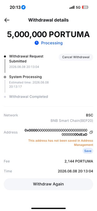 Mobile screenshot of a 'Withdrawal details' page showing a 5,000,000 PORTUMA token withdrawal in 'Processing' status on the BNB Smart Chain (BEP20) network, with a fee of 2,144 PORTUMA.