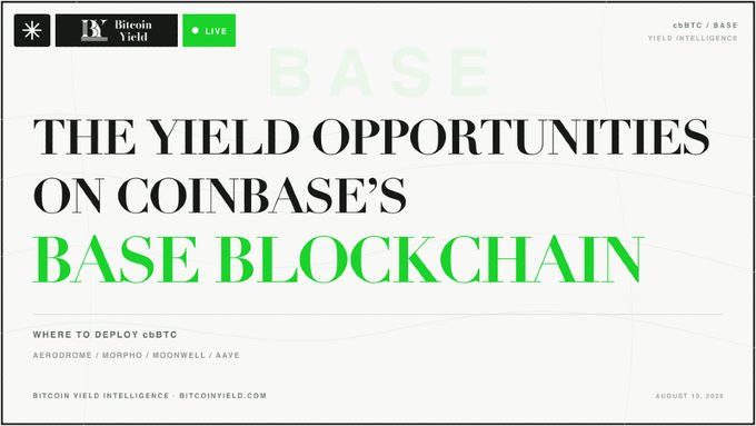 A title slide for Bitcoin Yield's 'eBTC/Base Yield Intelligence' live presentation dated August 19, 2024, titled 'THE YIELD OPPORTUNITIES ON COINBASE'S BASE BLOCKCHAIN' with a subtitle 'WHERE TO DEPLOY eBTC: AERODROME / MORPHO / MOONWELL / AAVE'.