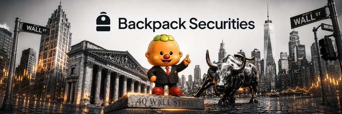 A promotional banner for 'Backpack Securities' featuring a cartoon character in a suit standing next to a bull statue in front of the Wall Street skyline and a '40 WALL STREET' monument.