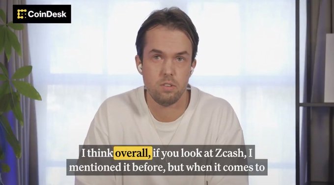 urn with green plant on windowsill, text overlay reading "CoinDesk" and "I think...overall, if you look at Zash, I mentioned it before, but when it comes to..."