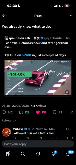 A social media post showing '+$600K on $PAID in just a couple of days' with a chart graphic and a red car, timestamped 27/09/2026.