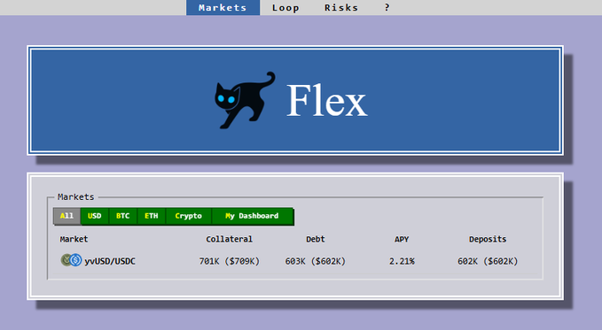 The image features a computer screen with information about a Flex cryptocurrency trading platform. On the left side of the screen, there's a text box containing details about the platform's features and benefits. The right side of the screen displays various data related to the market, including the current exchange rate for Flex, recent transactions, and other relevant statistics that can help users understand how the cryptocurrency operates in the market.

The post includes an image of a cat running towards the Flex cryptocurrency symbol, which is set against a purple background. The caption at the bottom of this image reads: "200k more USDC liquidity was just deployed when you loop it though, time to notice your rate is high enough to avoid getting redeemed". This suggests that users should pay attention to any changes in price or market conditions and be ready to react accordingly.