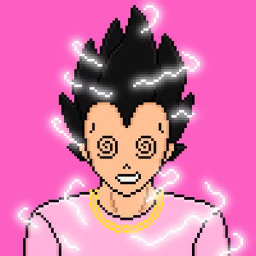 A pixel-art style portrait of a character with spiky black hair, swirl eyes, and a gold necklace, surrounded by electric lightning effects on a pink background.
