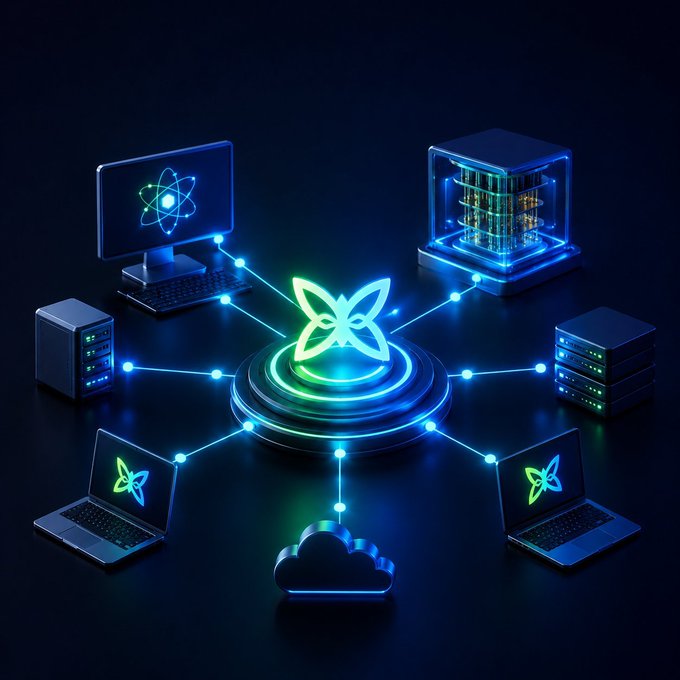 A glowing 3D illustration of a network, featuring a central glowing logo surrounded by connected laptops, servers, and a cloud, with a quantum computing monitor in the background.