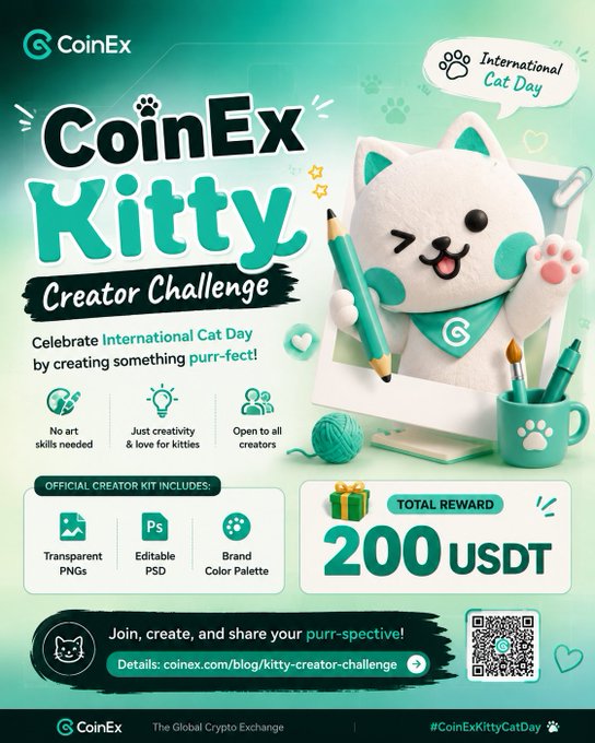 A promotional poster for the 'CoinEx Kitty Creator Challenge' celebrating International Cat Day, featuring a cute white plush cat character holding a pencil, with a total reward of 200 USDT and a QR code for coinex.com/blog/kitty-creator-challenge.