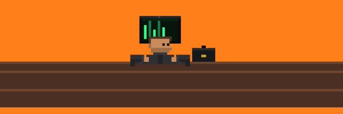 A pixel-art figure sits at a wooden counter with a green bar chart displayed on a screen behind them and a black briefcase beside them, visually suggesting a financial or trading scenario related to the "GTD" (likely "Gains Today") and Ethereum wallet promotion mentioned in the post.