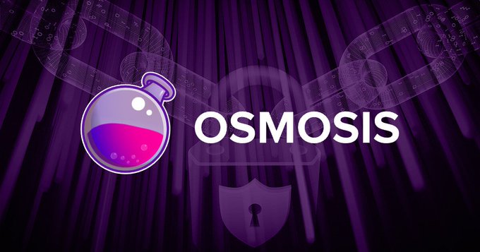 A promotional graphic features the word 'OSMOSIS' in large white text next to a glass flask icon containing bubbling pink and purple liquid. A faint chain link pattern and a shield with a keyhole are visible in the dark purple background.