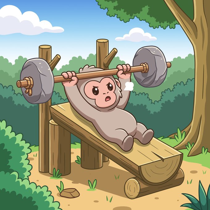 A cartoon monkey struggles to lift a heavy stone barbell on a wooden bench press, set in a lush forest clearing. The image illustrates the "$PUNCH" token's theme, playfully tying the monkey's workout "punch" to the real-life Japanese zoo animal that inspired the coin's story-driven community.