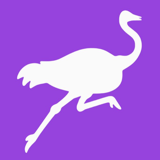 Stylized white ostrich silhouette logo on a purple background.