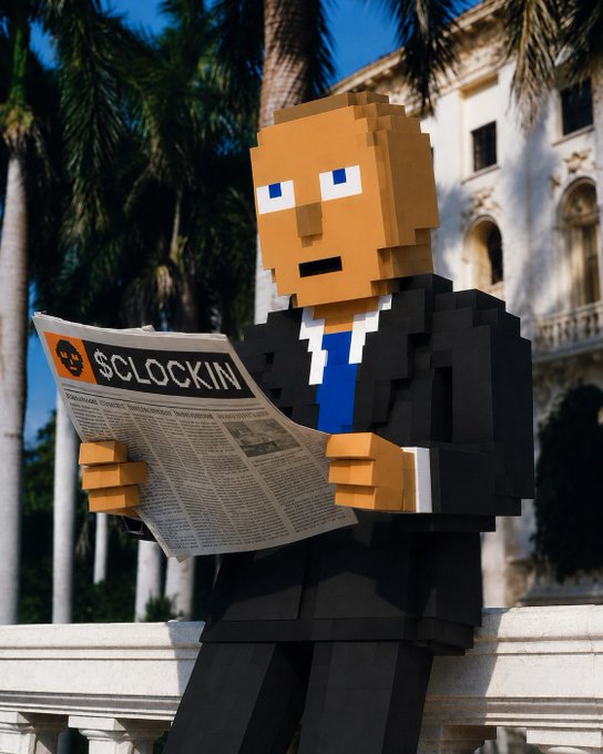 A voxel/blocky figure of a man in a black suit reads a newspaper with the headline "S CLOCKIN," fitting the "Stay ready" weekend message by humorously referencing clocking in for the work week.