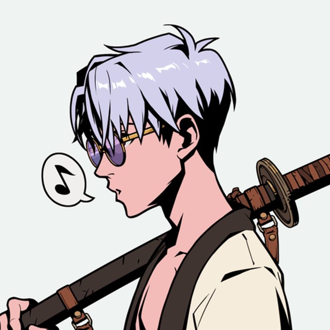An anime-style illustration of a silver-haired character with purple sunglasses carrying a sword and a music note speech bubble.