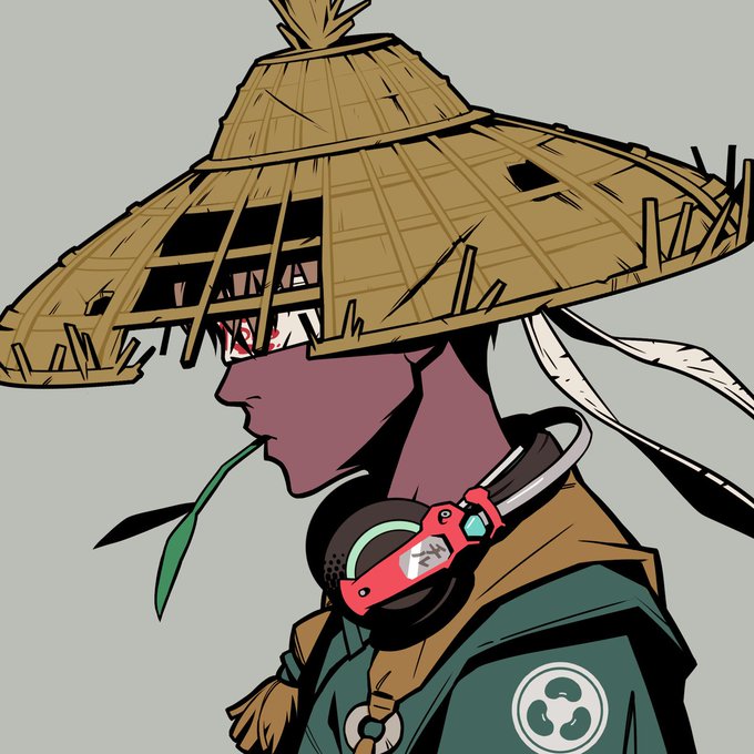 Anime-style illustration of a purple-skinned character wearing a tattered straw hat, green robe, and red headphones, with a green leaf in their mouth and a circular logo on their chest.
