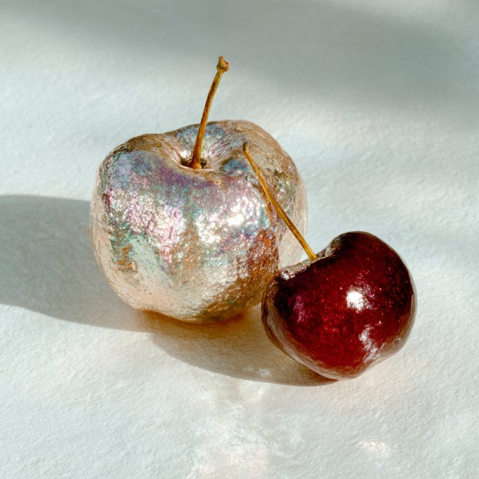 A still life photograph of two fruits on a white surface: a metallic, pearlescent silver-colored fruit and a glossy dark red cherry, both retaining their stems, casting strong shadows to the left.